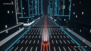 Wireframe-Stadt bei Nacht: ein Auto mit rotem Glühen fährt auf der Mittellinie, eingeblendeter Timecode 00:00:21:00